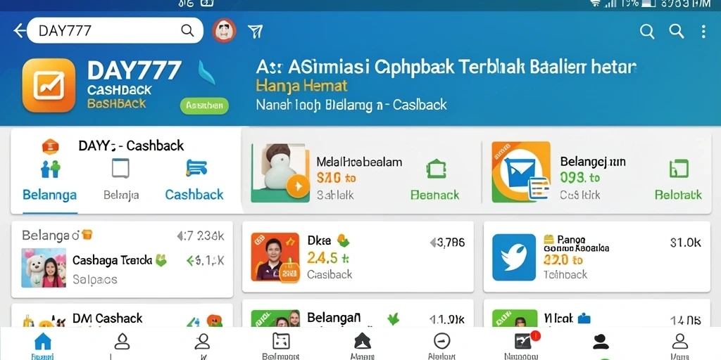 Antarmuka aplikasi DAY777 menampilkan berbagai penawaran Cashback.