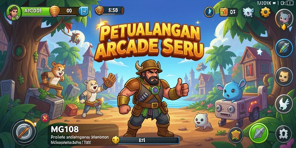 Tampilan antarmuka MG108 dengan grafis menarik dan fungsi Arcade yang intuitif.