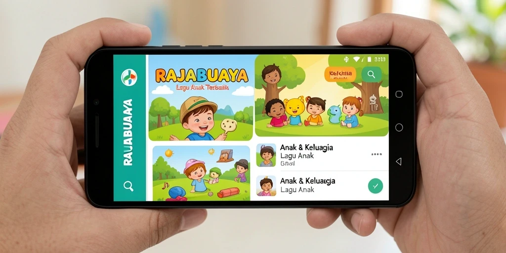 Antarmuka aplikasi RAJABUAYA menampilkan berbagai lagu anak yang ceria.